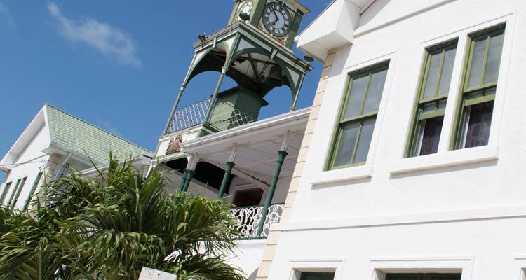 Palacio de justicia blanco colonial con torre de reloj verde enmarcado por hojas de palmera bajo un cielo despejado.
