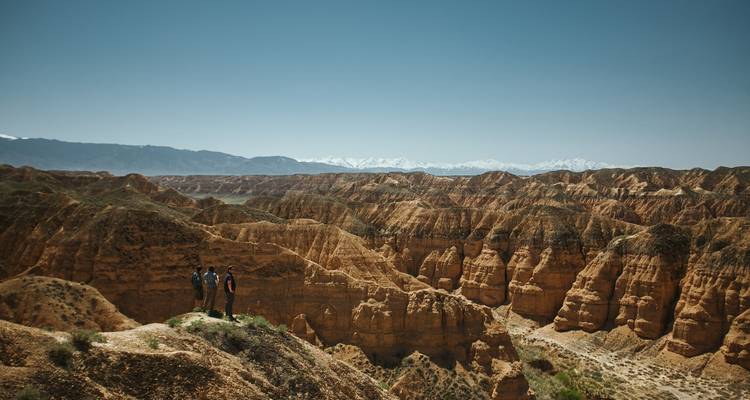Deux randonneurs regardant un paysage de canyon.