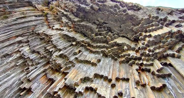 Close-up of hexagonal basalt columns.
