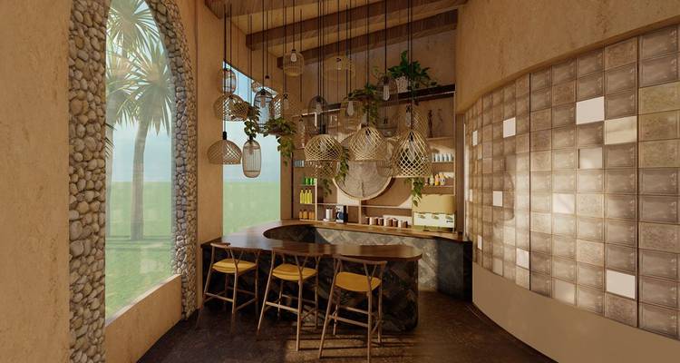 Bar intérieur élégant avec lampes en osier, murs en pierre et hauts tabourets donnant sur la verdure de l'oasis.