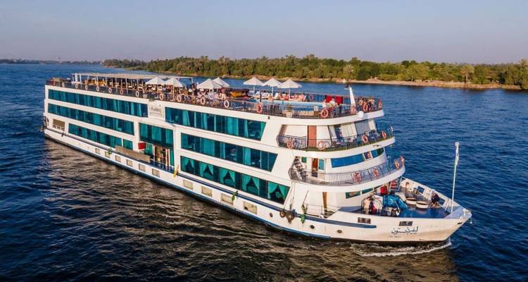 Een groot cruiseschip dat vaart op een rivier met bomen langs de oever.