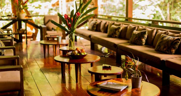 Open-air lodge lounge with long cushioned sofas, wooden tables, tropical flower arrangements and jungle views.