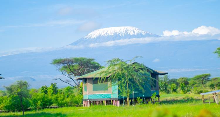 Vue panoramique d'une tente avec le mont Kilimandjaro en arrière-plan.
