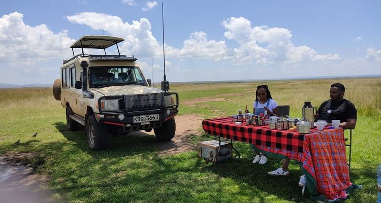 Outdoor-Picknick-Aufbau neben einem Safari-Fahrzeug in der Savanne.