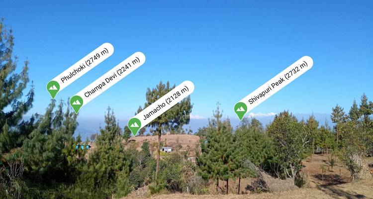 View of distant peaks labeled with name tags over pine forests.