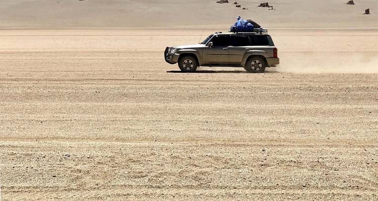 SUV, der durch eine weite Wüstenebene fährt