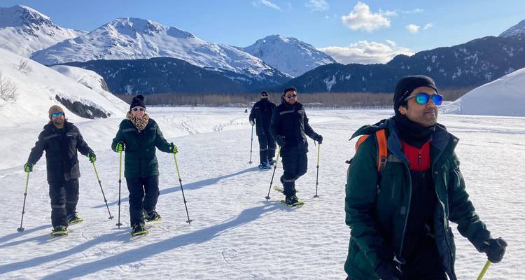 Groep sneeuwschoenlopers met bergachtige achtergrond.