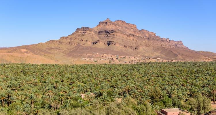 Bergzicht met weelderige groene oase op de voorgrond.