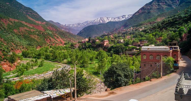 Een weelderige vallei met bergen op de achtergrond, een rivier en groene velden.