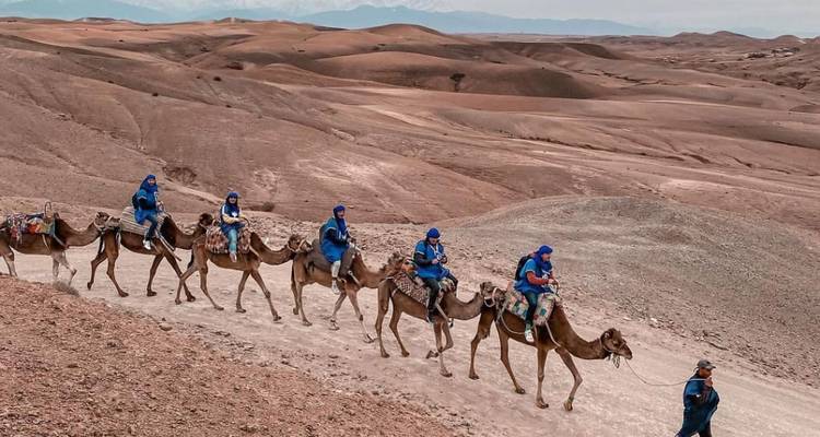 People riding camels in a line across the desert landscape.

**Dutch translation:**
Mensen die op kamelen rijden in een rij door het woestijnlandschap.