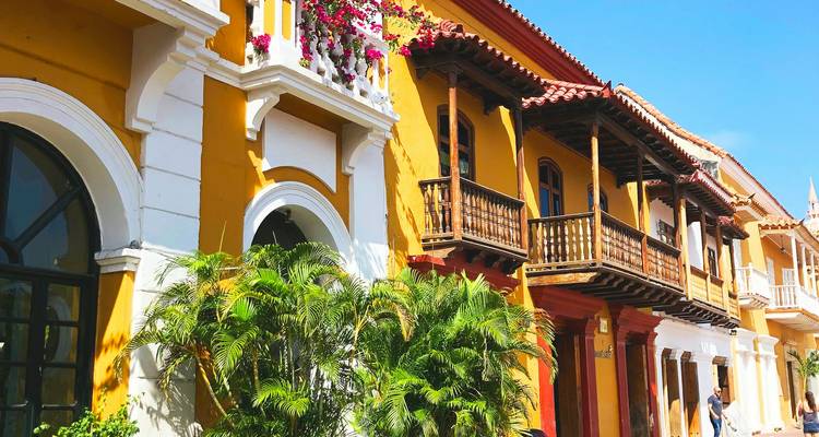 Bâtiments coloniaux avec balcons et végétation luxuriante.