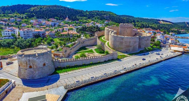 Aerial view of a coastal fortress overlooking the sea.