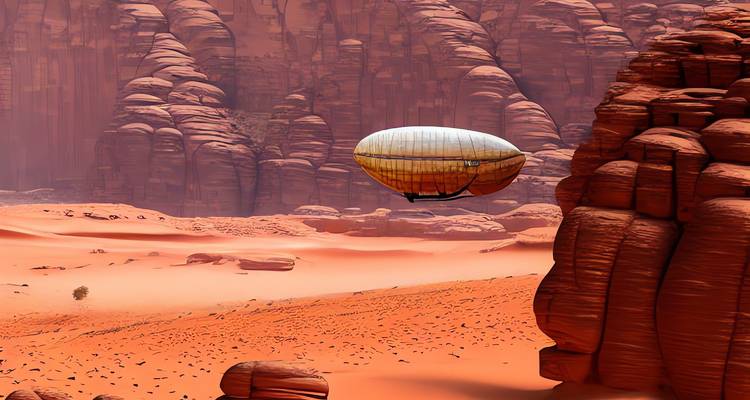 Künstlerische Darstellung des Wadi Rum mit Luftschiffen und roten Felsformationen.