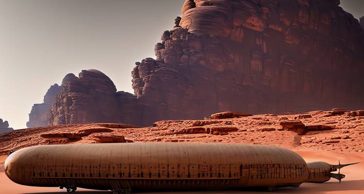 Futuristische Szenerie mit großen, röhrenförmigen Strukturen in einer felsigen Wüstenlandschaft.