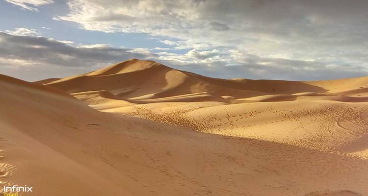 Zandduinen in de woestijn onder een bewolkte hemel.