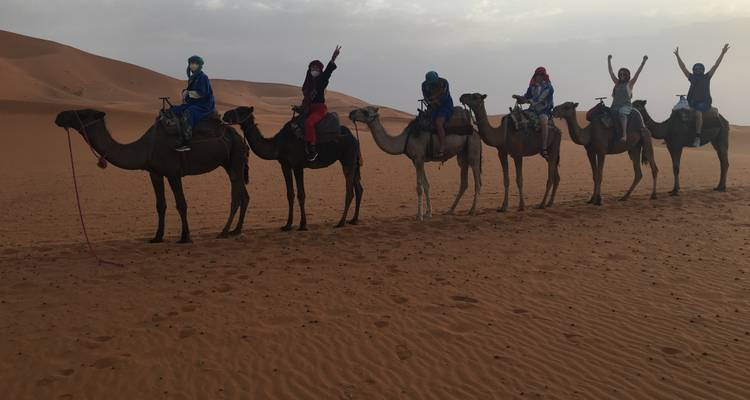 Groupe de personnes montant des chameaux dans un désert.