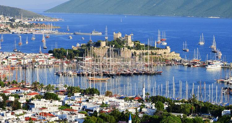Le château de Bodrum entouré par une marina remplie de voiliers aux mâts élevés