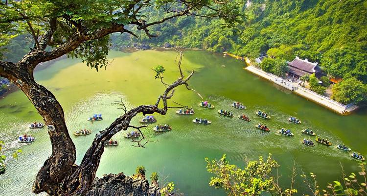 Roeiboten op een rivier gezien vanaf een heuvel te midden van weelderig groen.