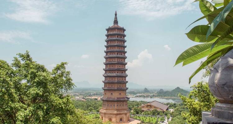 Hoge pagode omringd door bomen en groen in een landschapsgezicht.