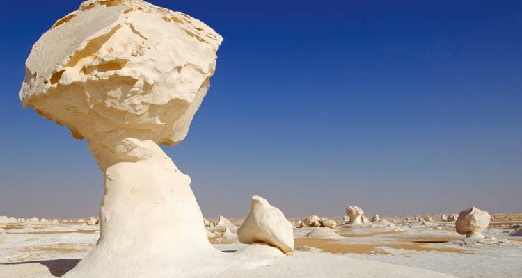 Einzigartiger pilzförmiger Felsen in einer Wüstenlandschaft.