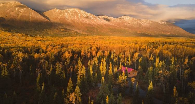 Cabane dans la forêt entourée de montagnes.