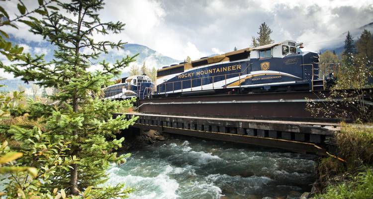 Le Rocky Mountaineer traverse un torrent de montagne impétueux sur un pont d'acier au milieu des pins.