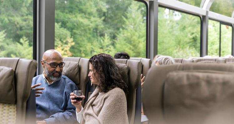 Deux voyageurs âgés discutent et savourent des boissons, assis dans la voiture spacieuse à dôme de verre d'un train panoramique tandis que les vues forestières défilent à l'extérieur.