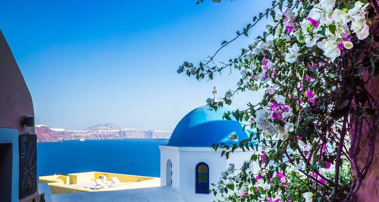 Blauwe koepel en zeezicht met bloemen in Santorini.