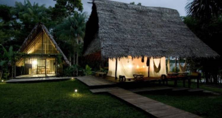 Cabañas tradicionales con techos de paja en un entorno verde y exuberante.