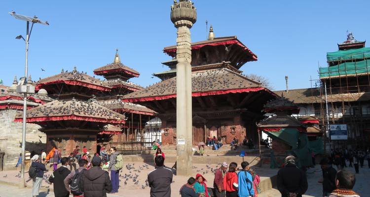 Place Durbar avec temples et pigeons.