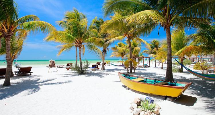 Palm trees and a boat on a white sandy beach.