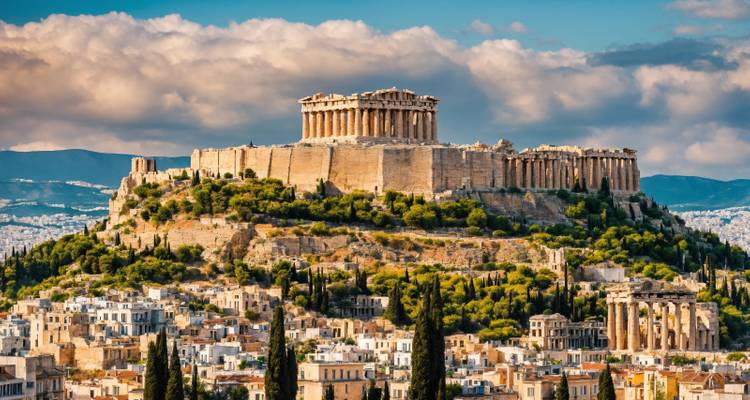 Iconic Parthenon atop the Acropolis hill lit by warm late-day sunlight above sprawling Athens.