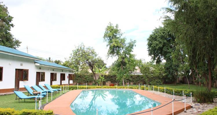 Una piscina sencilla de lodge rodeada de tumbonas y vegetación bajo un cielo despejado.