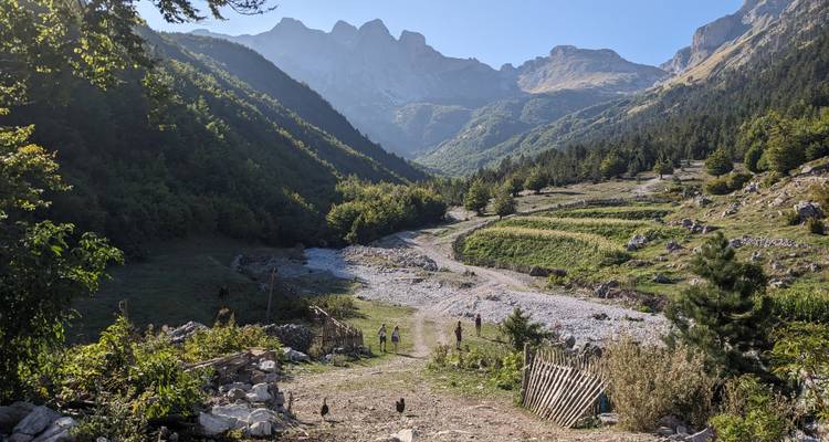 Valley with dirt path leading into distant mountains.