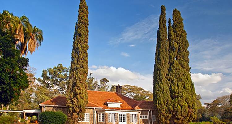 Casa histórica con árboles altos contra un cielo azul brillante.