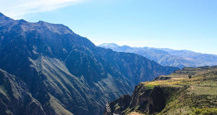 Weitreichender Blick in einen tiefgrünen Canyon mit aufragenden Gräten und entfernten Andengipfeln unter einem strahlend blauen Himmel.