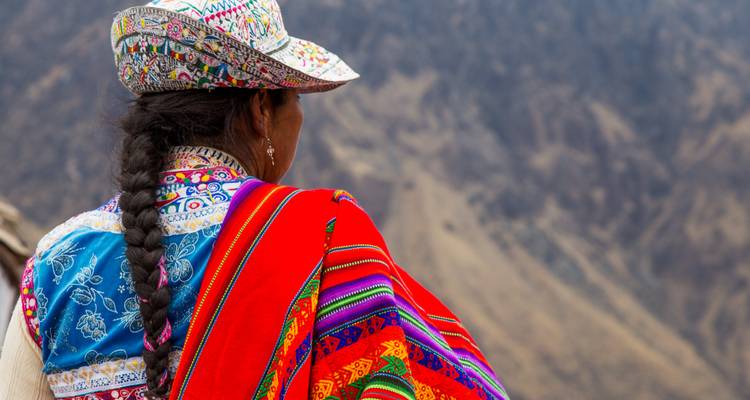 Vrouw in kleurrijke traditionele Andese kleding kijkt uit over robuust berglandschap.