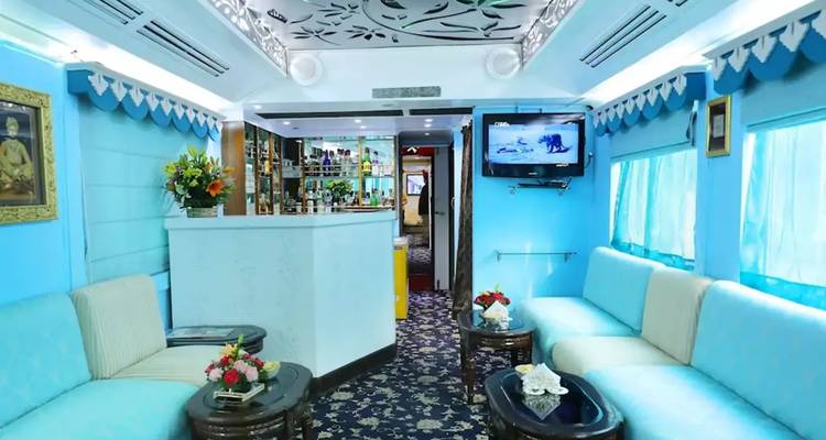 Elegant interior of a train lounge with couches and decor.