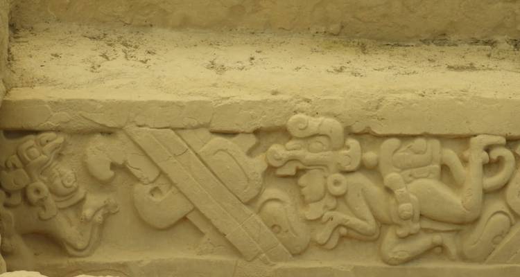 Ancient stone carvings with Mayan motifs.