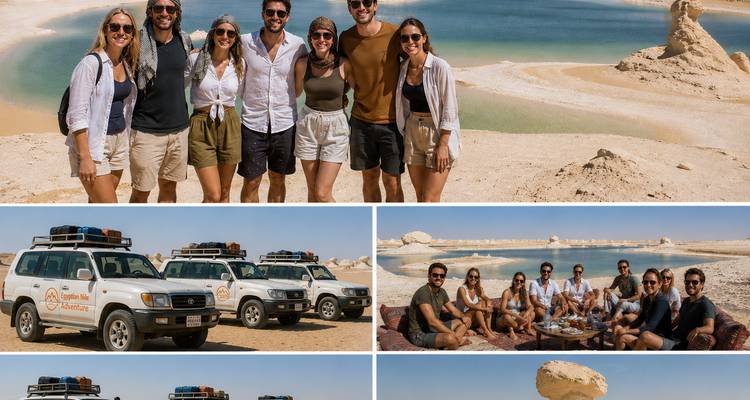 Collage de cuatro paneles mostrando viajeros, vehículos 4x4 y picnic junto a un lago del desierto.