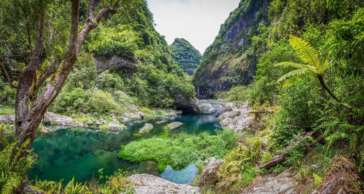Une rivière entourée de falaises rocheuses et d'une végétation luxuriante.