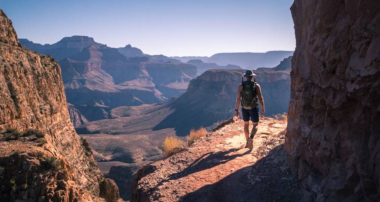 Excursionista solitario descendiendo por un sendero con vistas panorámicas del Gran Cañón.