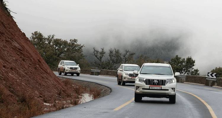 SUV's op een bochtige weg met mistige achtergrond.