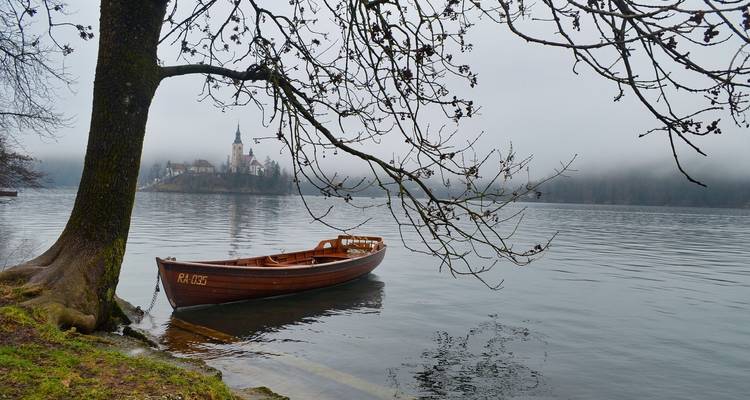 Une vue sereine sur un lac avec un bateau en bois vide, des branches d'arbres et une atmosphère brumeuse.
