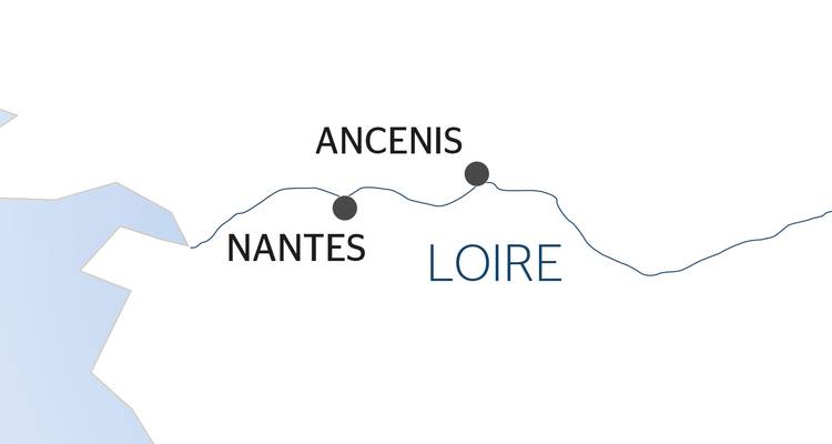 Einfache schematische Karte, die Nantes und Ancenis entlang der Loire zeigt.