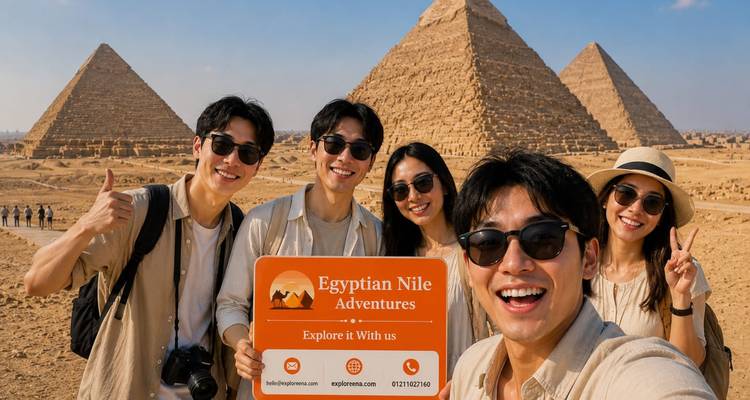 Selfie dynamique du groupe devant les grandes pyramides de Giza tenant une pancarte Egyptian Nile Adventures.