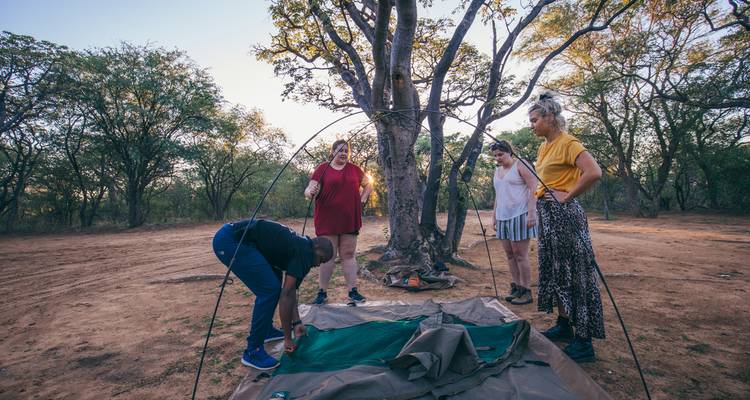 Un grupo de personas montando una tienda de campaña en un campamento.