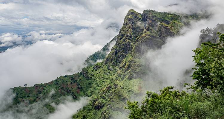 Misty mountain range with lush greenery and clouds swirling around the peaks.