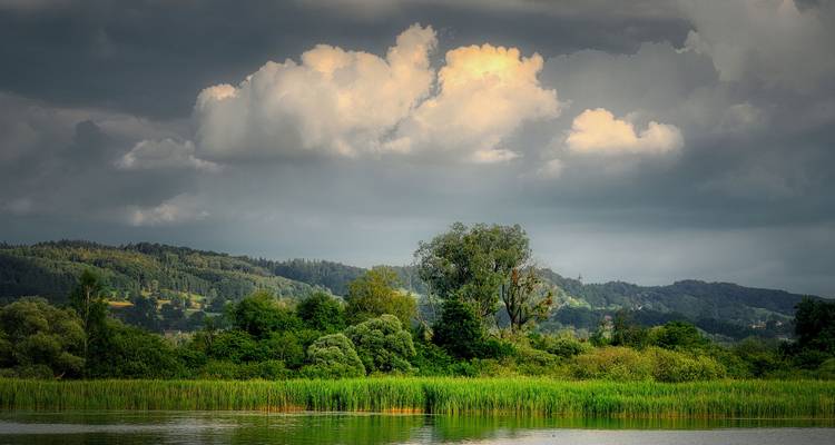 Malerische Landschaft mit einem See, Bäumen und Wolken.