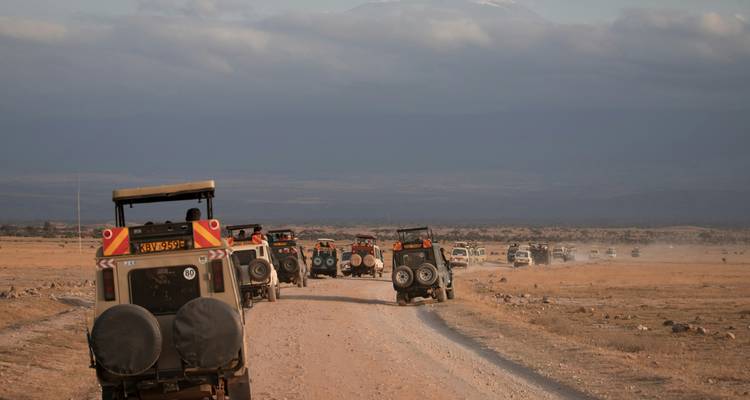 Des voitures sur une route de safari avec un paysage montagneux pittoresque en arrière-plan.